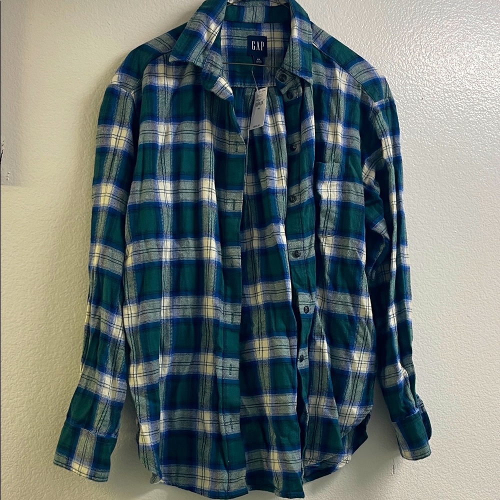 GAP Men's Blue and Green Checkered Shirt